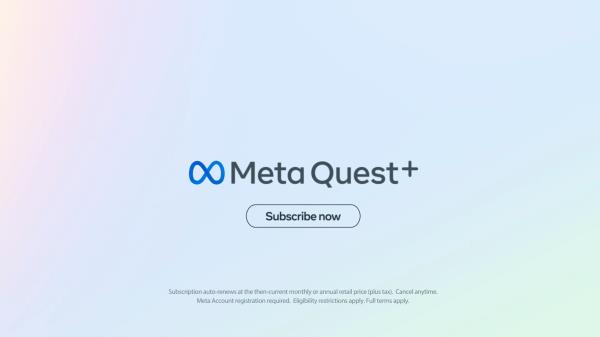 me<em></em>ta Quest+ subs<em></em>cription slide from me<em></em>ta meraketing materials on a light blue background