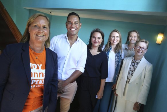 Judy Hannan, left, with fellow independent candidates Alex Greenwich, Victoria Davidson, Joeline Hackman, Jacqui Scruby, and Helen Co<em></em>nway at their campaign launch.