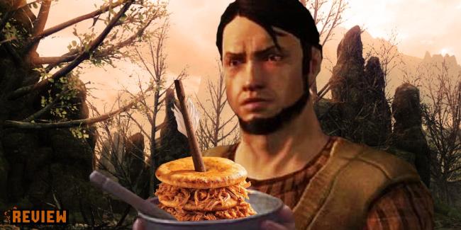 A Dragon Age character holding pancakes with pulled pork in between. There's an arrow sticking out of them. 