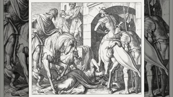 A person approaching the body of a prophet killed by a lion