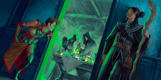 Two rogues spy on sorcerers creating potions