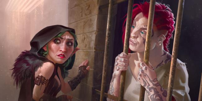 A rogue stands outside a prison cell talking to a prisoner