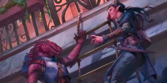 Two rogues climb a building using ropes