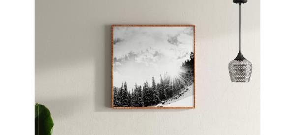 Mercury Row Mountain f<em></em>ramed On Wood by Bird Wanna Whistle Print hanging on beige wall