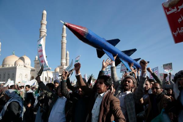 Houthi members and supporters have repeatedly gathered at Yemen's capital to celebrate the terror attacks in the Red Sea. 