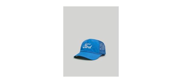 a blue trucker hat