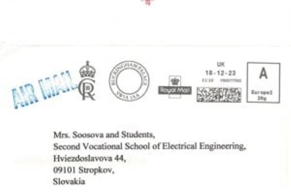 An envelope students received from the Buckingham Palace.