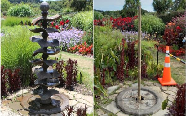 The Reservoirs sculpture before and after it was vandalised and partly stolen from Auckland's Botanic Gardens in December.