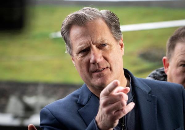Chairman of the House Permanent Select Committee on Intelligence, Rep. Mike Turner, R-Ohio speaks during his visit to an exhibition on co<em></em>nsequences of the Russian Ukraine War in Kyiv, Ukraine, Monday, April 3, 2023. (AP Photo/Efrem Lukatsky)